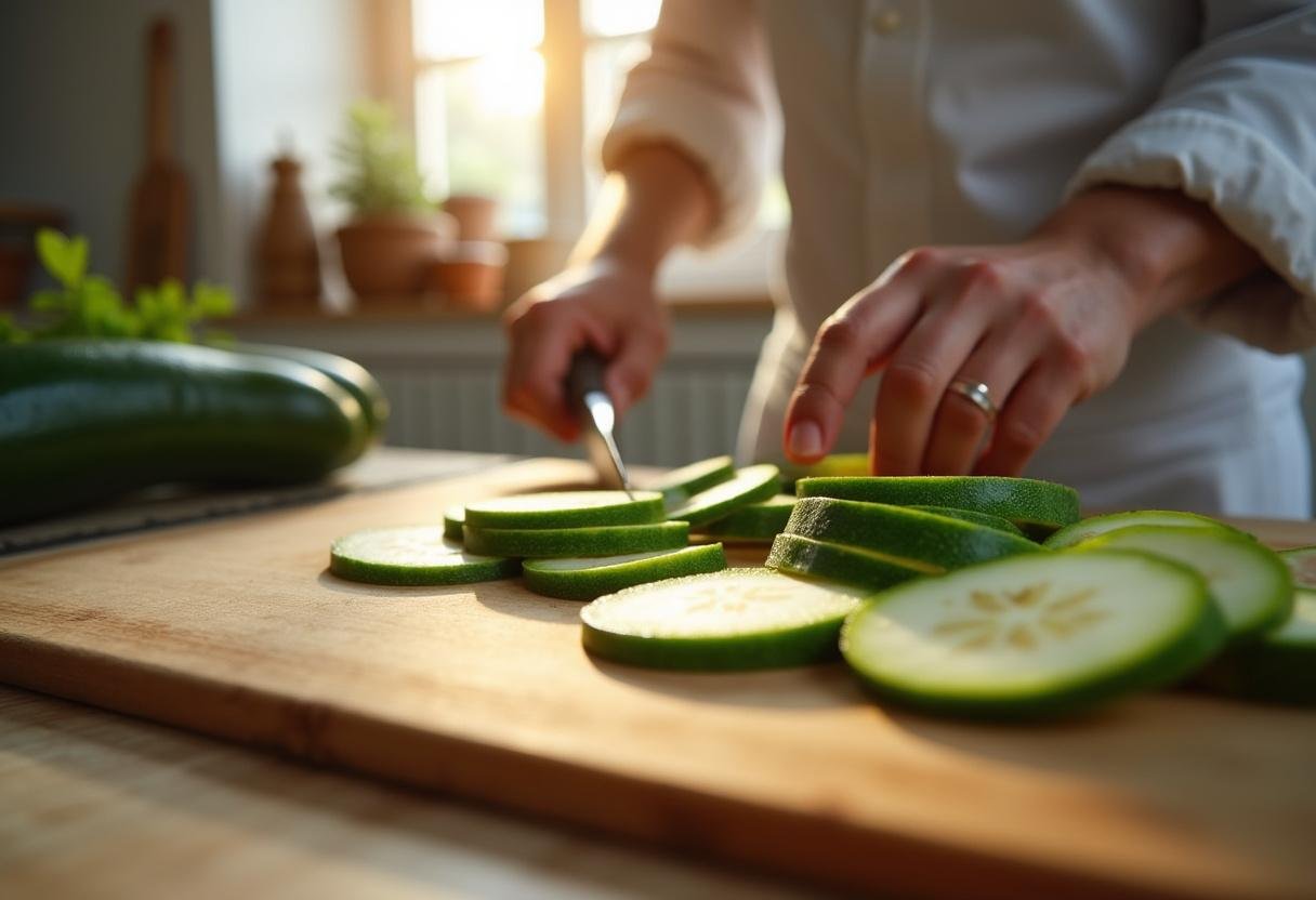 Préparation de courgettes fraîches pour le saumon aux courgettes, avec des rondelles brillantes sur une planche à découper en bois.
