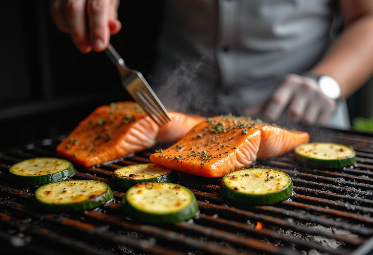 Grillage du saumon et des courgettes sur un barbecue, avec des marques de grill et une belle fumée en action.