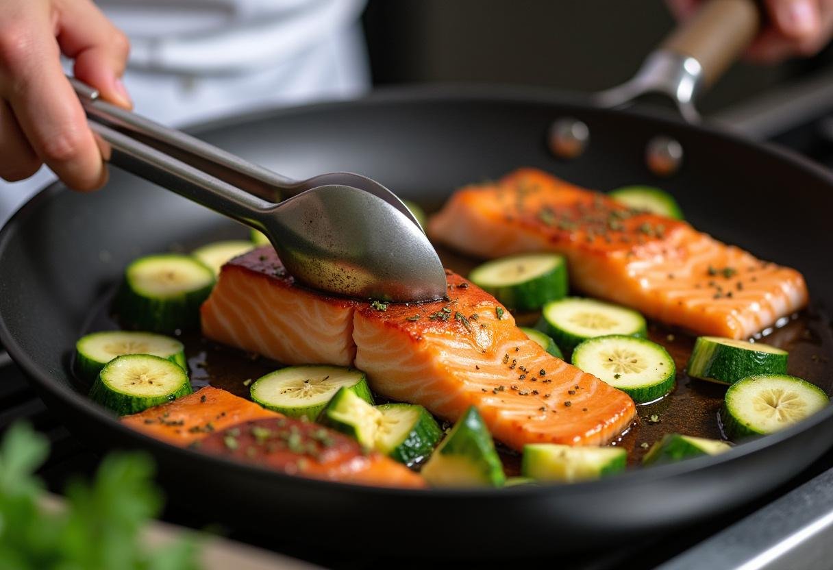 Retourner le saumon et les courgettes sur le gril, en se concentrant sur la cuisson parfaite du saumon aux courgettes.