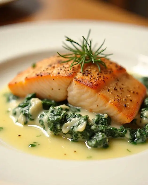 Un plat de saumon aux épinards crémeux soigneusement servi, prêt à être dégusté, mettant en valeur cette recette savoureuse.