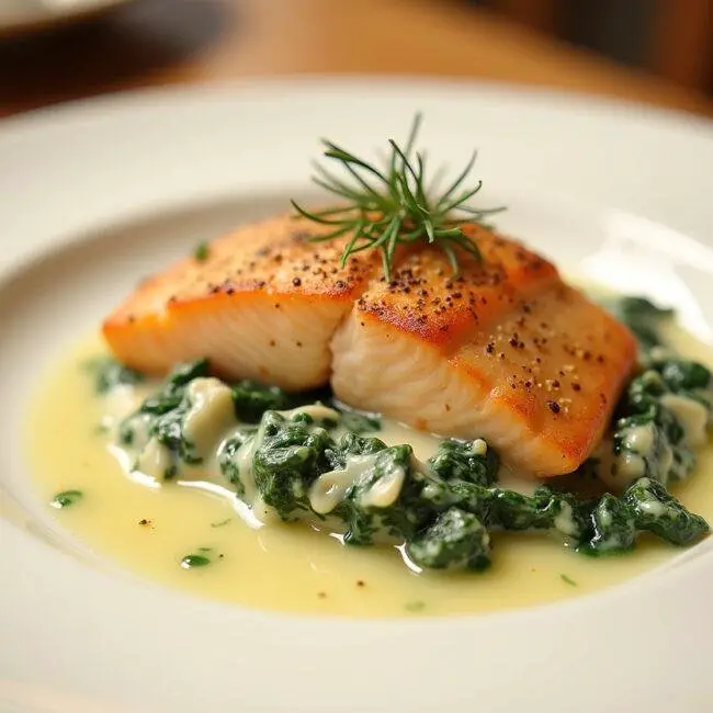Un plat de saumon aux épinards crémeux soigneusement servi, prêt à être dégusté, mettant en valeur cette recette savoureuse.