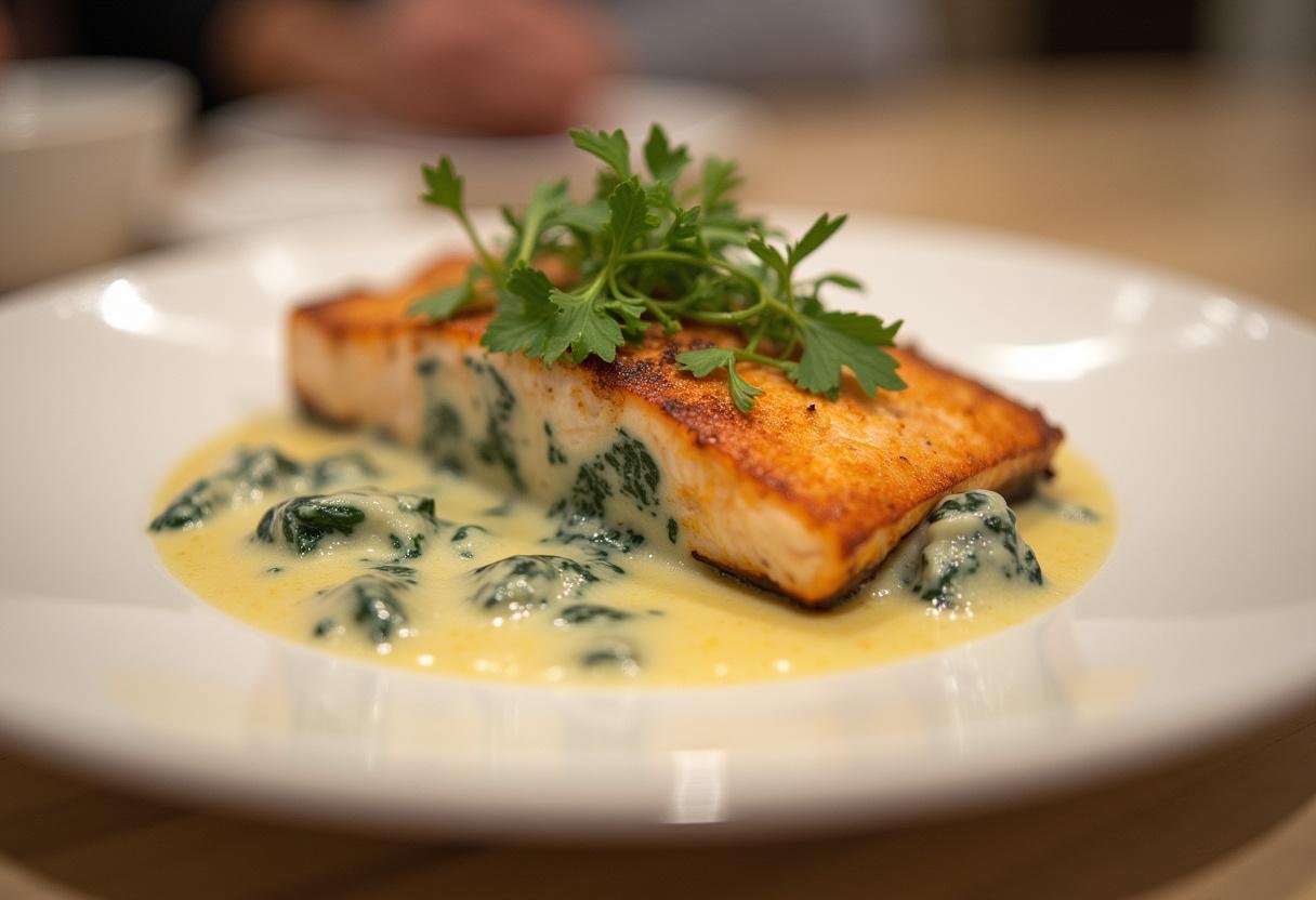 Un plat de saumon aux épinards crémeux soigneusement servi, prêt à être dégusté, mettant en valeur cette recette savoureuse.