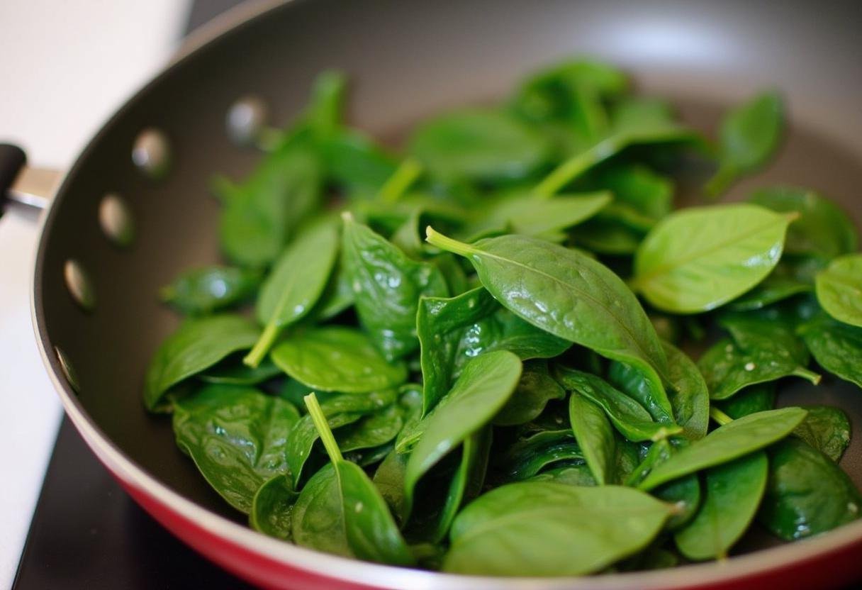Des épinards frais dans une poêle, en train de cuire pour une recette de saumon aux épinards délicieuse.