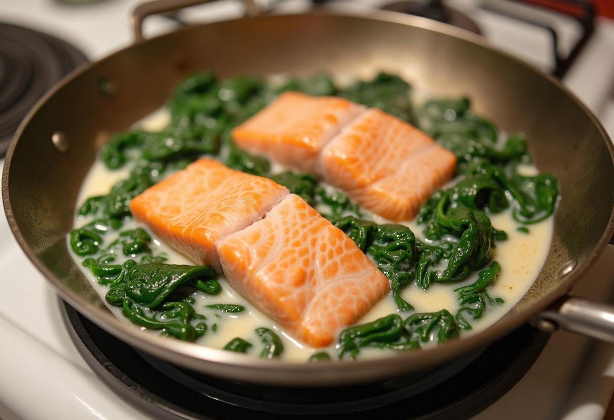 Une crème épaisse ajoutée dans une poêle avec du saumon et des épinards, créant une sauce crémeuse délicieuse pour une recette de saumon épinard.