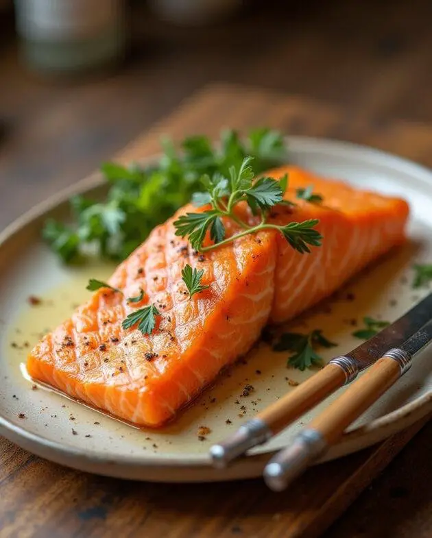 Un saumon en feuilleté croustillant et doré, présenté sur un plat, parfait pour une occasion spéciale.