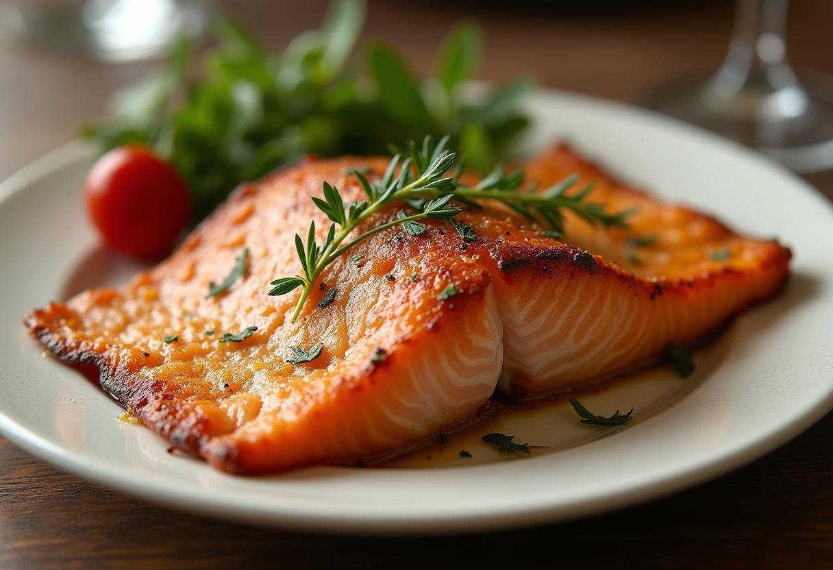 Un saumon en feuilleté croustillant et doré, présenté sur un plat, parfait pour une occasion spéciale.
