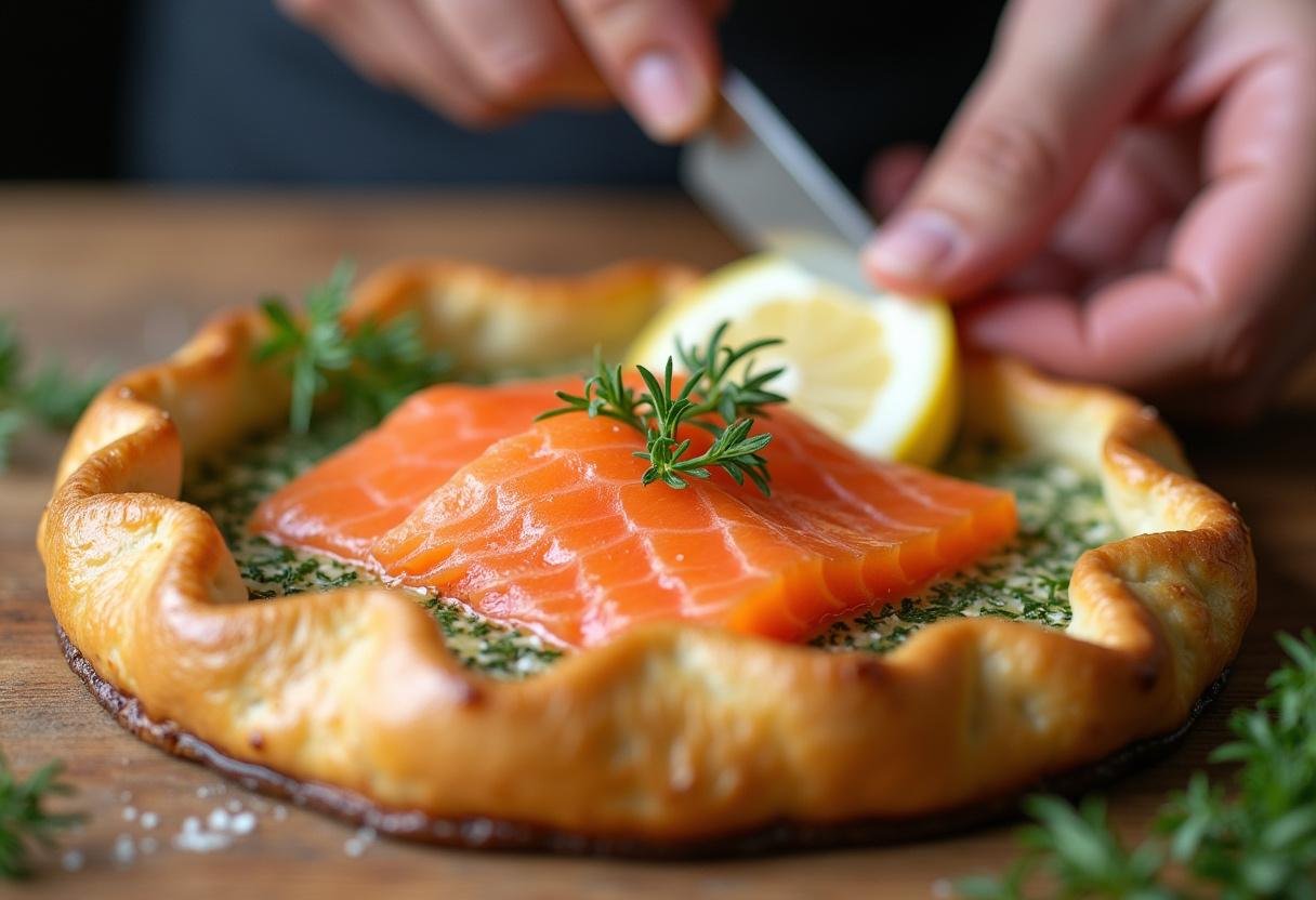Un filet de saumon frais est placé au centre de la pâte feuilletée, pour un délicieux saumon feuilleté.