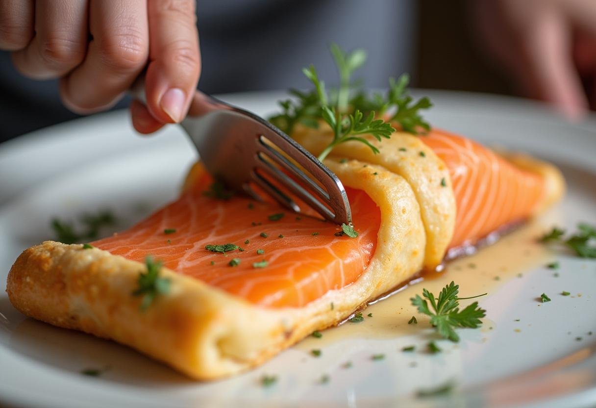 Pâte feuilletée enveloppant délicatement le saumon, formant un croustillant feuilleté savoureux.