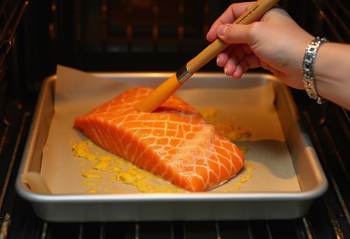 Le saumon en feuilleté est badigeonné d'œuf et mis au four pour obtenir une croûte croustillante.