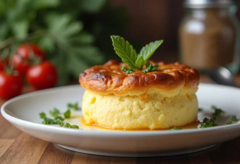 Soufflé au fromage léger et aérien thermomix servi dans une cuisine chaleureuse.