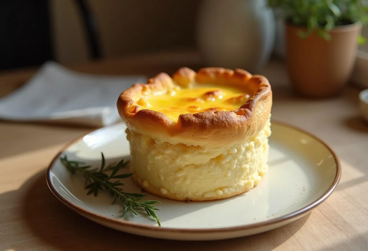 Soufflé au fromage léger et aérien thermomix servi dans une cuisine chaleureuse.