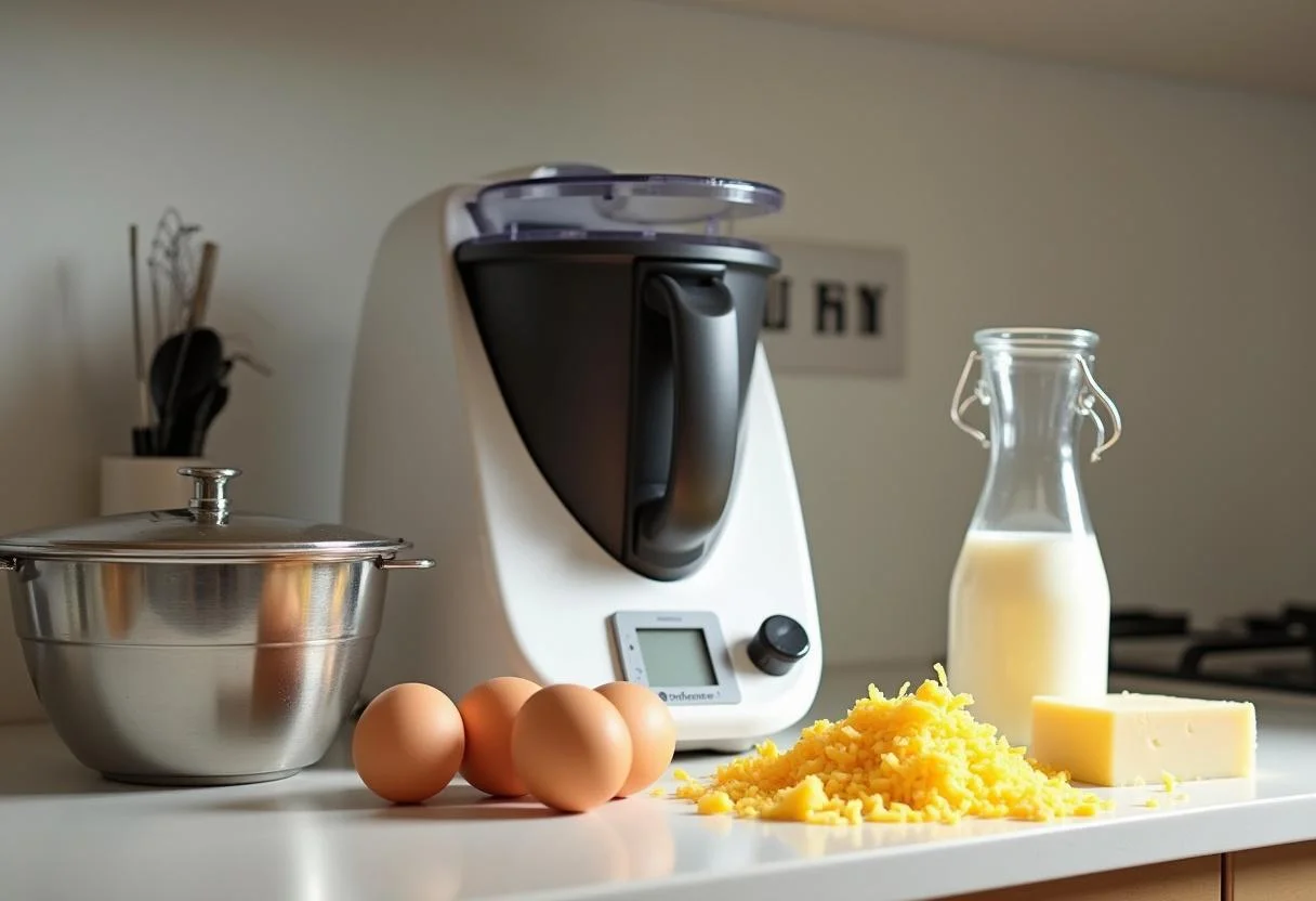 Ingrédients pour le soufflé au fromage thermomix préparés sur le comptoir de cuisine.