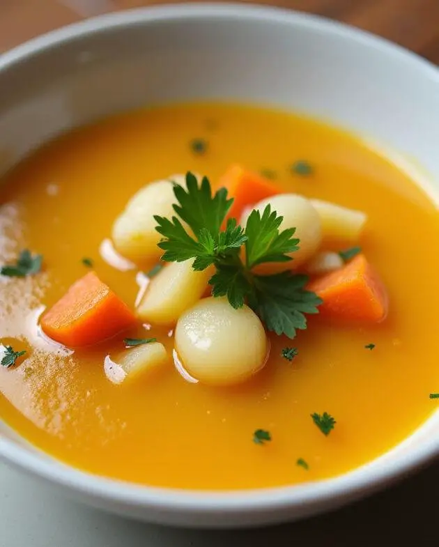 Bol de soupe complète avec poireaux, pommes de terre et carottes, garni d'un filet d'huile d'olive et d'une branche de persil.