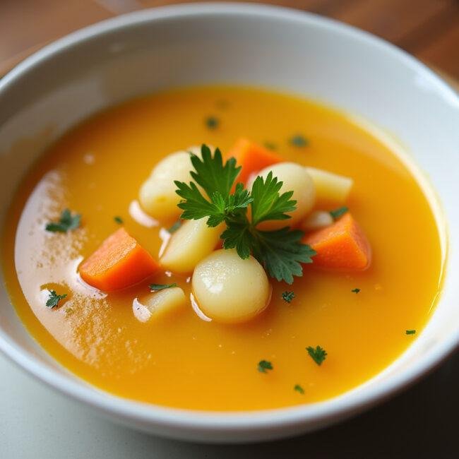 Bol de soupe complète avec poireaux, pommes de terre et carottes, garni d'un filet d'huile d'olive et d'une branche de persil.
