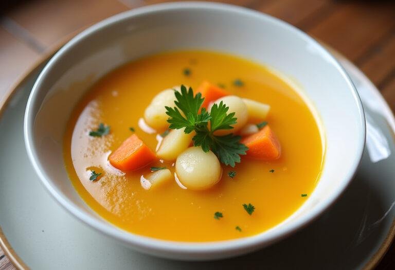 Bol de soupe complĂšte avec poireaux, pommes de terre et carottes, garni d'un filet d'huile d'olive et d'une branche de persil.
