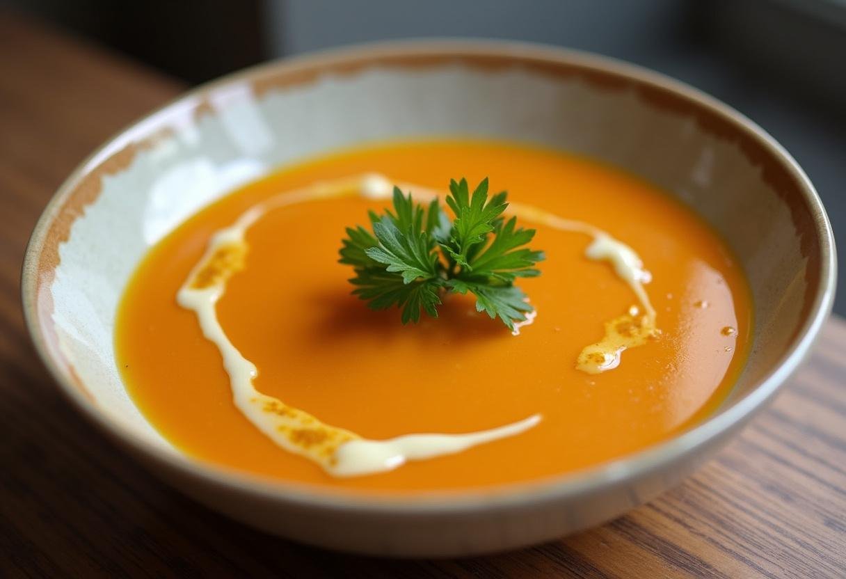 Bol de soupe complĂšte avec poireaux, pommes de terre et carottes, garni d'un filet d'huile d'olive et d'une branche de persil.