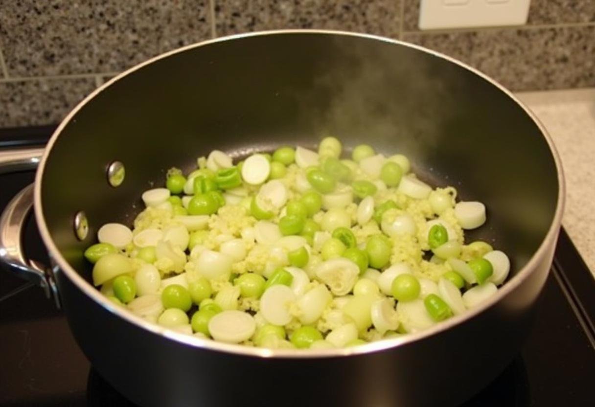 Préparation de la soupe aux poireaux avec des poireaux hachés dans une grande casserole chauffée avec de l'huile d'olive.