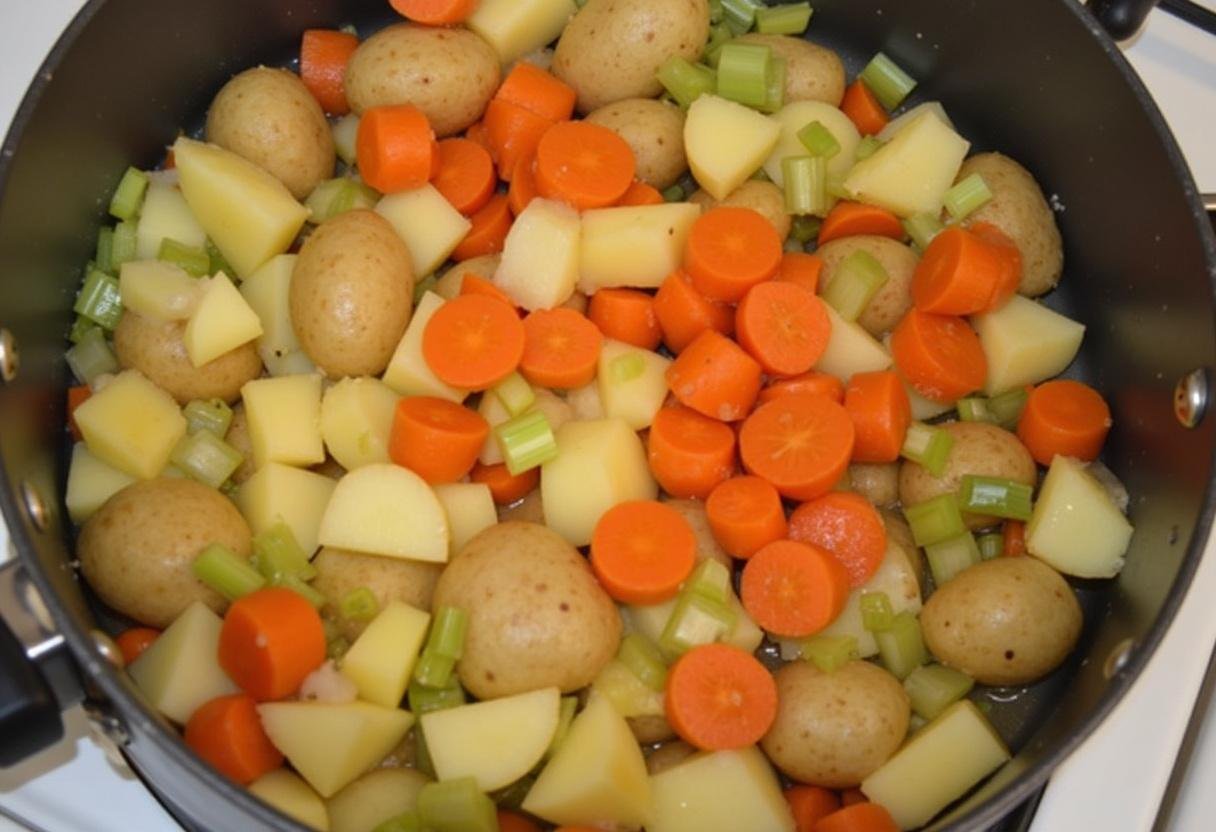 Ajout des pommes de terre coupées en dés et des carottes tranchées dans la casserole pour la soupe pomme de terre carotte poireau.