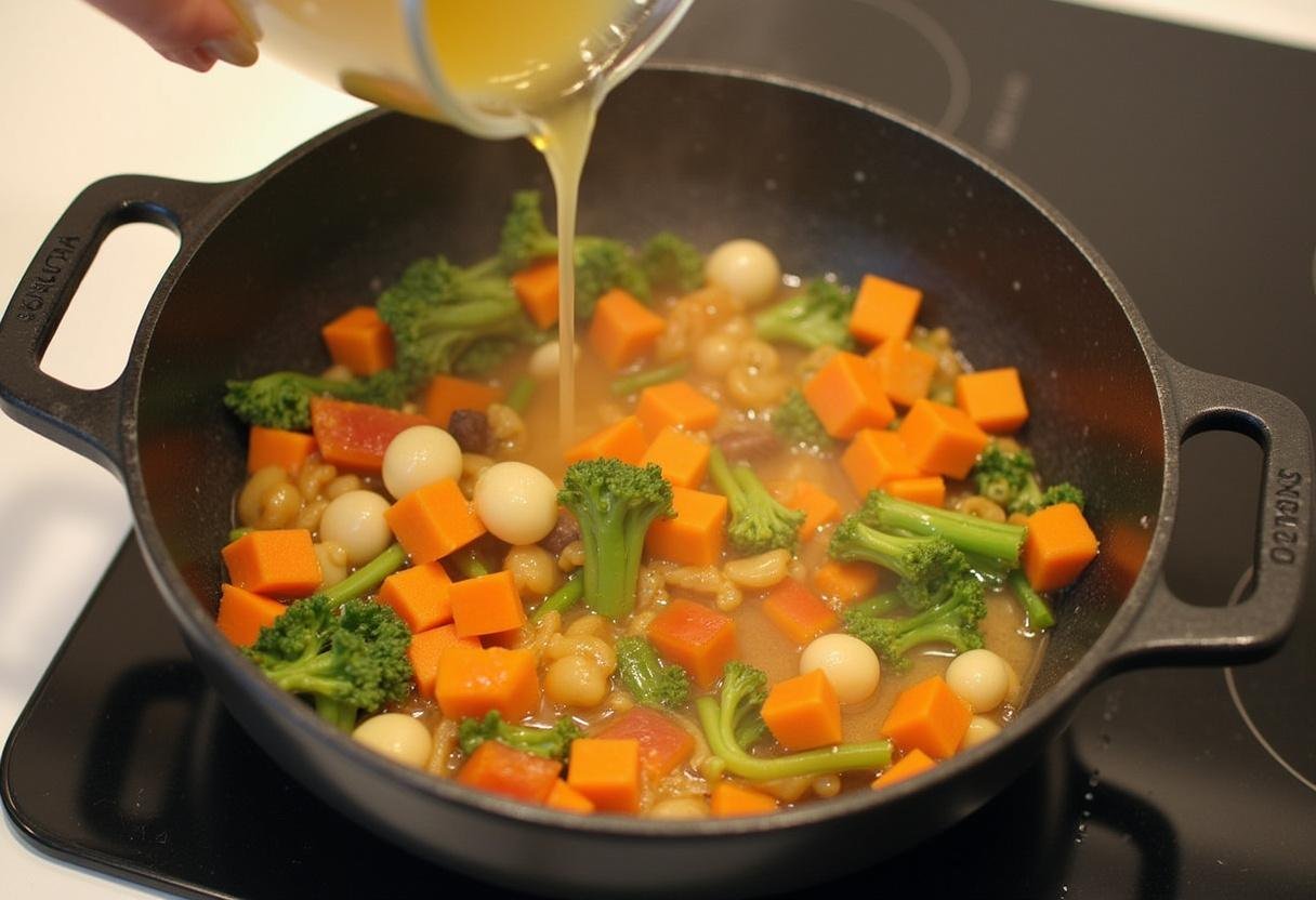 Incorporation du bouillon de légumes dans la casserole pour faire mijoter la soupe poireaux carottes pommes de terre.