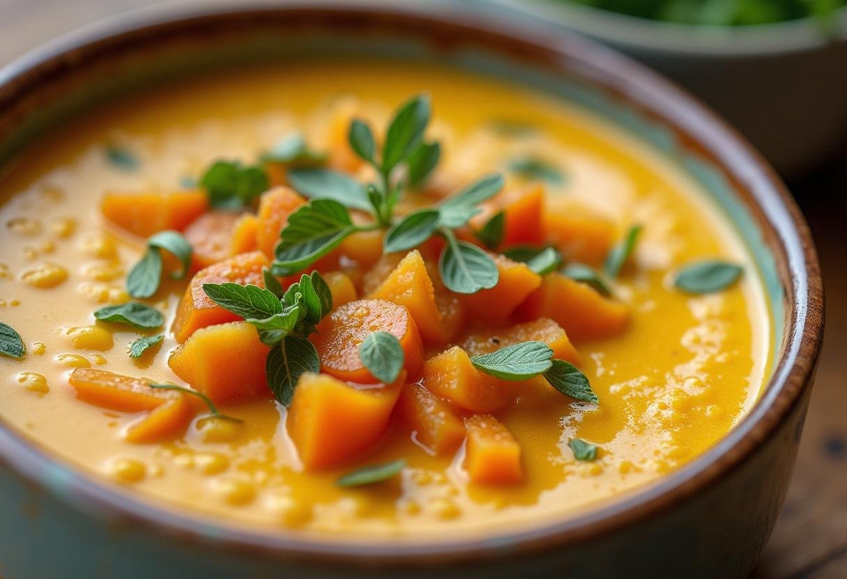 MĂ©lange de la soupe jusqu'Ă obtenir une texture lisse, prĂȘte Ă ĂȘtre servie chaude dans des bols dĂ©corĂ©s d'herbes fraĂźches.