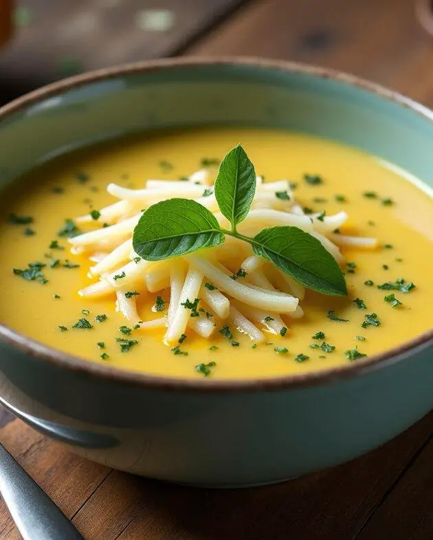 Bol de soupe crémeuse de courgettes prêt à être dégusté, avec du fromage Vache Qui Rit - meilleure recette de soupe courgettes vache qui rit.