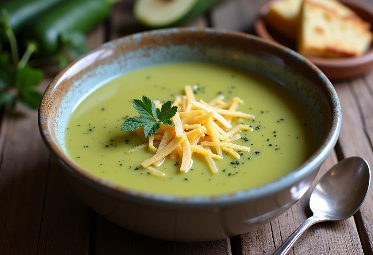 Bol de soupe crĂ©meuse de courgettes prĂȘt Ă ĂȘtre dĂ©gustĂ©, avec du fromage Vache Qui Rit - meilleure recette de soupe courgettes vache qui rit.