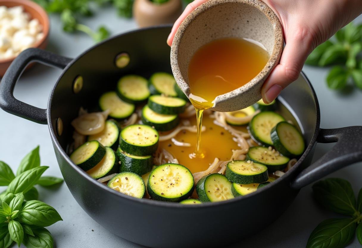 Bol de bouillon de légumes versé dans le mélange de courgettes et oignons - soupe courgettes vache qui rit.