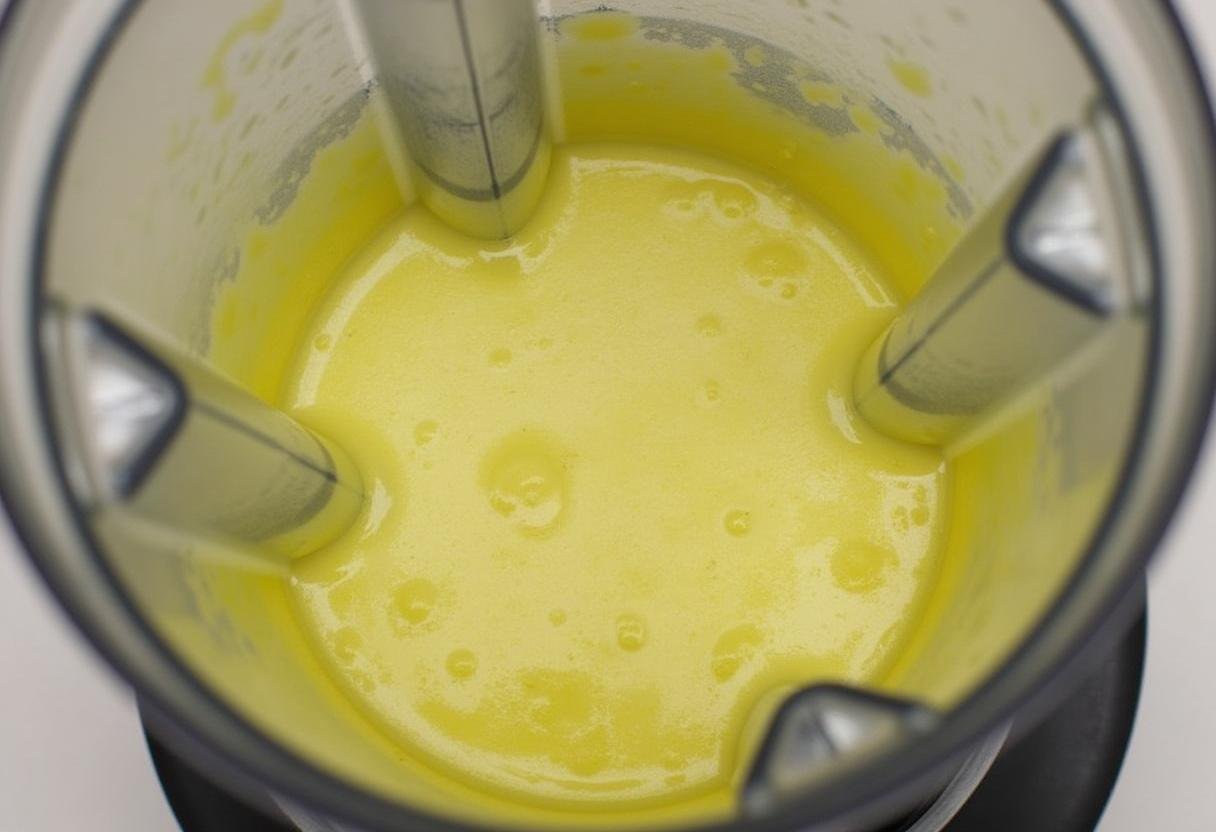 Mixeur avec le mélange de courgettes et bouillon en train de devenir crémeux - préparation de soupe courgettes vache qui rit.