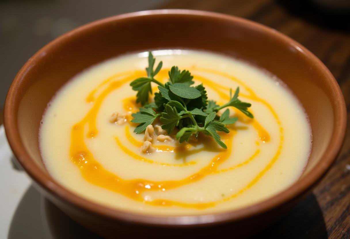 Bol de soupe crémeuse avec du fromage Vache Qui Rit et des herbes fraßches - délicieuse soupe courgettes vache qui rit.