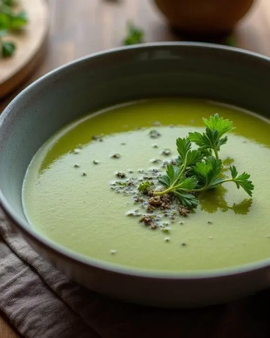 Bol de soupe détox au chou vert joliment présenté, accompagné d'une tranche de pain complet, parfait pour savourer une soupe au chou vert.