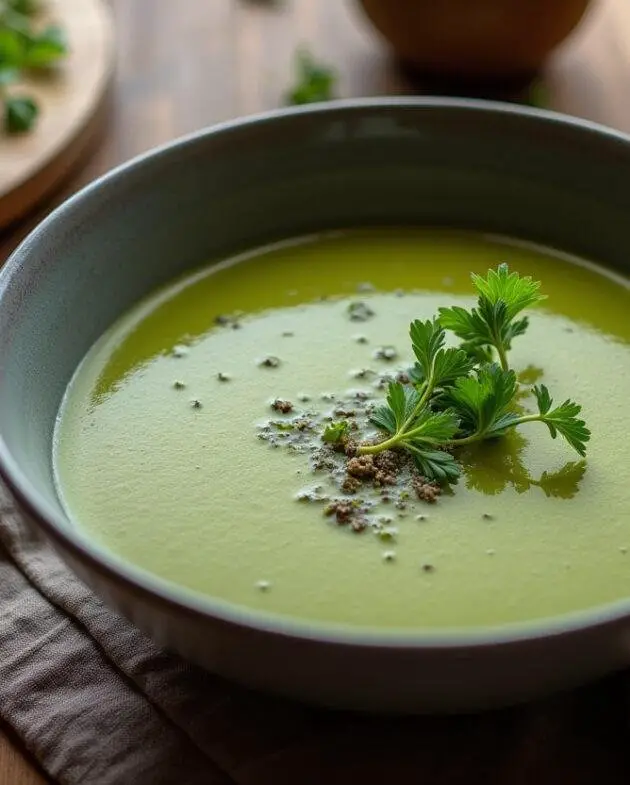 Bol de soupe détox au chou vert joliment présenté, accompagné d'une tranche de pain complet, parfait pour savourer une soupe au chou vert.