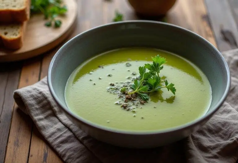 Bol de soupe détox au chou vert joliment présenté, accompagné d'une tranche de pain complet, parfait pour savourer une soupe au chou vert.
