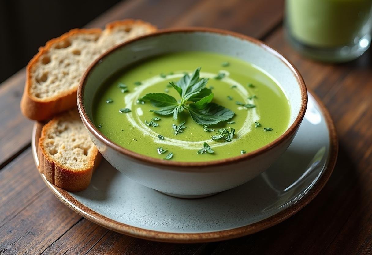 Bol de soupe détox au chou vert joliment présenté, accompagné d'une tranche de pain complet, parfait pour savourer une soupe au chou vert.
