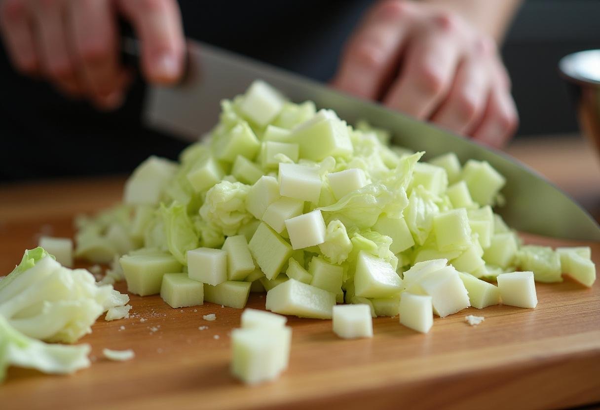 Chou vert frais coupé en morceaux sur une planche à découper, préparé pour une soupe au chou vert savoureuse.