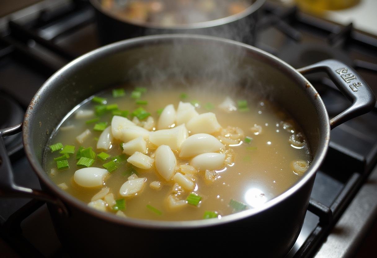 Un pot sur le feu contenant un bouillon de légumes avec des oignons et de l'ail, étape essentielle pour préparer une délicieuse soupe chou vert.