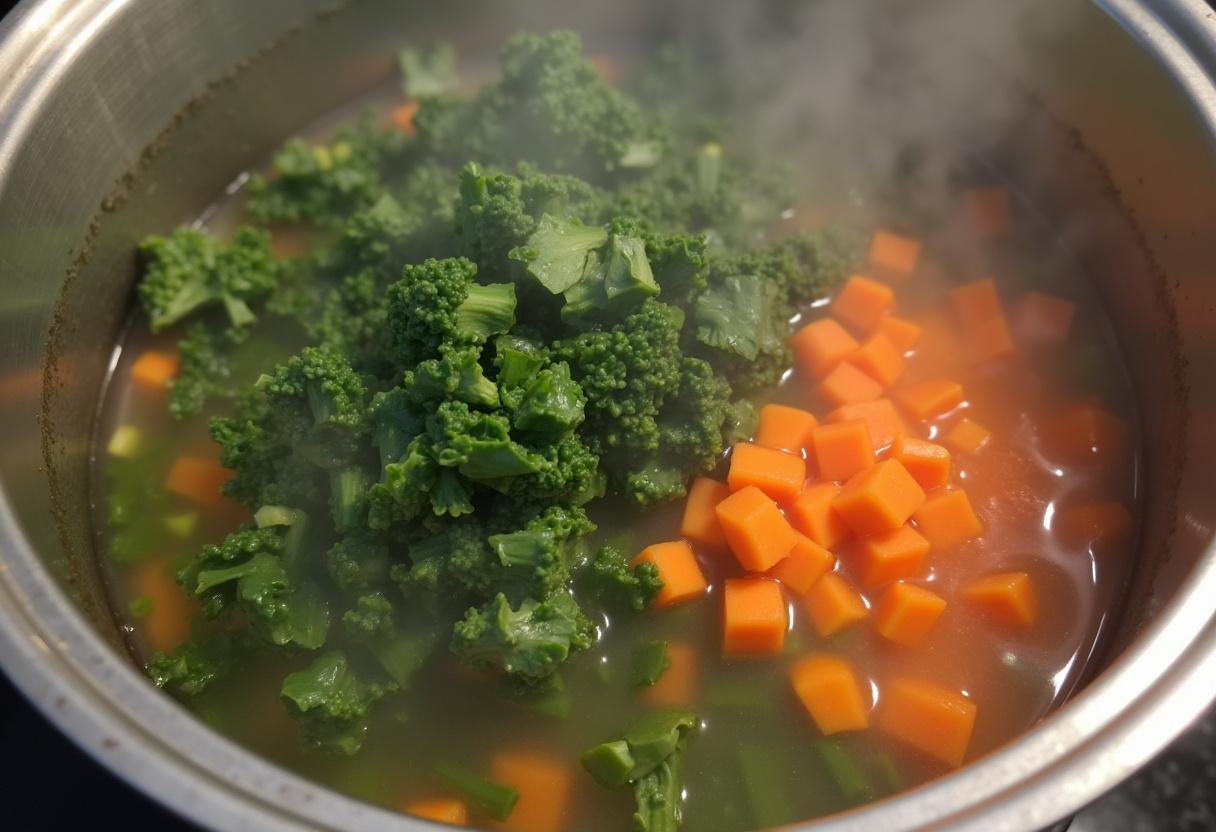 Ajout de chou frisé et de carottes en dés dans la casserole, illustrant une préparation de soupe santé aux choux verts.