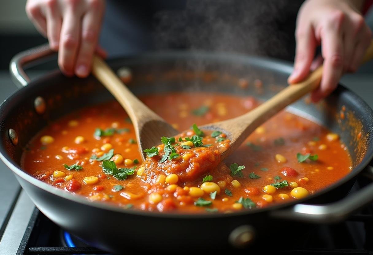 Un chef en train de remuer la soupe avec une cuillère en bois, mélangeant les ingrédients pour obtenir une soupe aux choux verts délicieuse.