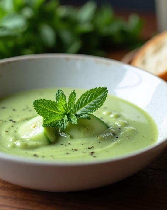 Présentation de la soupe froide à la menthe et concombre sur une table, un délice de soupe de concombre froide accompagné de pain.
