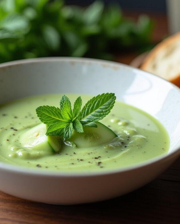 Présentation de la soupe froide à la menthe et concombre sur une table, un délice de soupe de concombre froide accompagné de pain.
