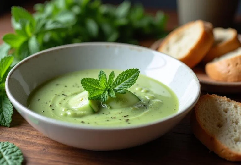 Présentation de la soupe froide à la menthe et concombre sur une table, un délice de soupe de concombre froide accompagné de pain.