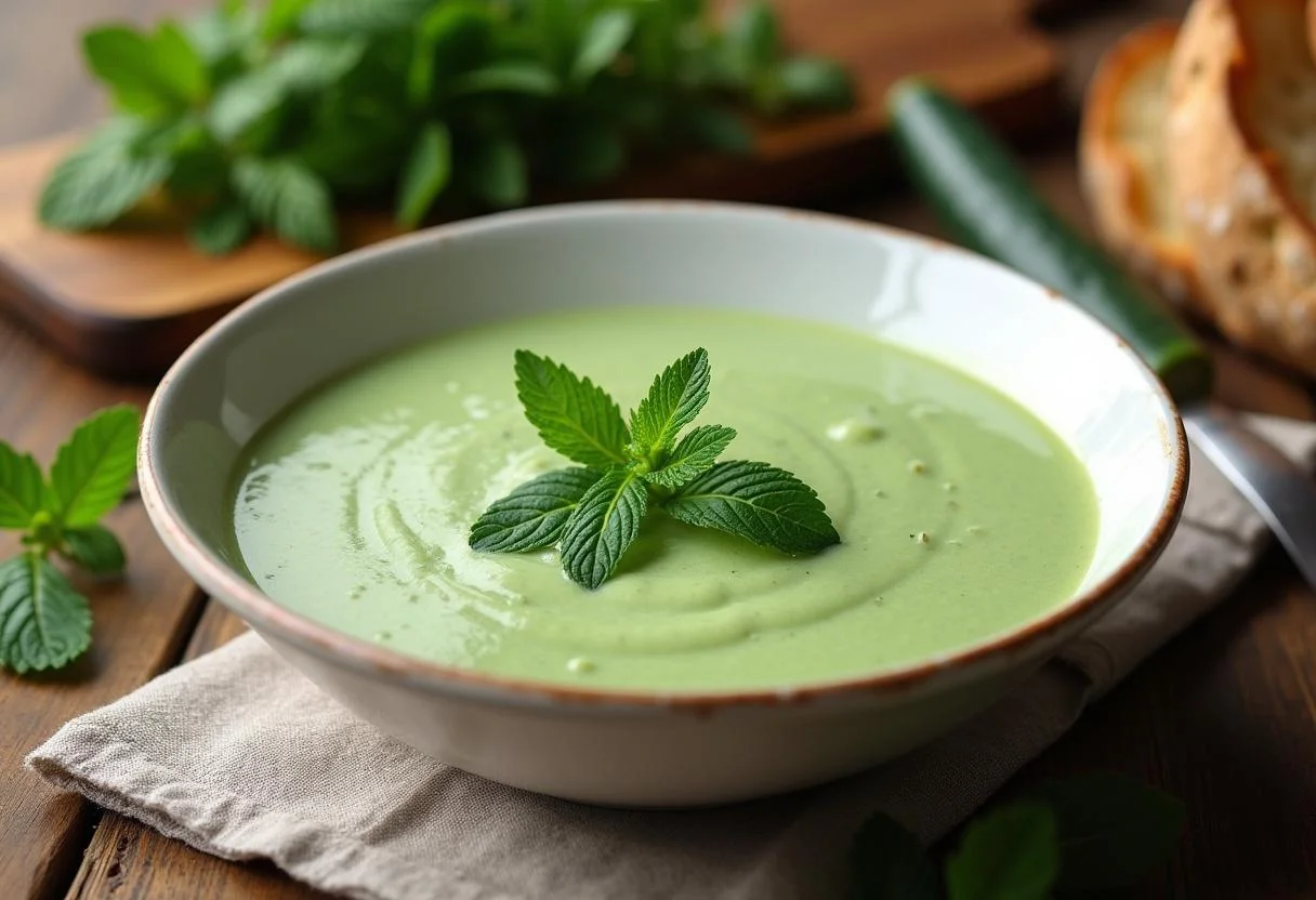 Présentation de la soupe froide à la menthe et concombre sur une table, un délice de soupe de concombre froide accompagné de pain.