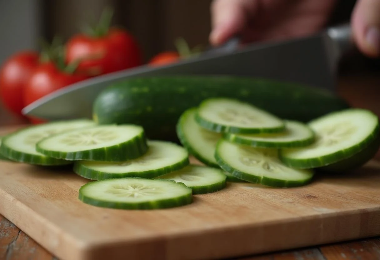 Slicing cucumbers for soupe froide concombre, une préparation de soupe de concombre froide de style rustique.