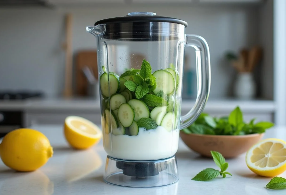Préparer la soupe froide concombre avec des concombres, menthe et yaourt dans un blender pour une soupe de concombre froide rafraîchissante.