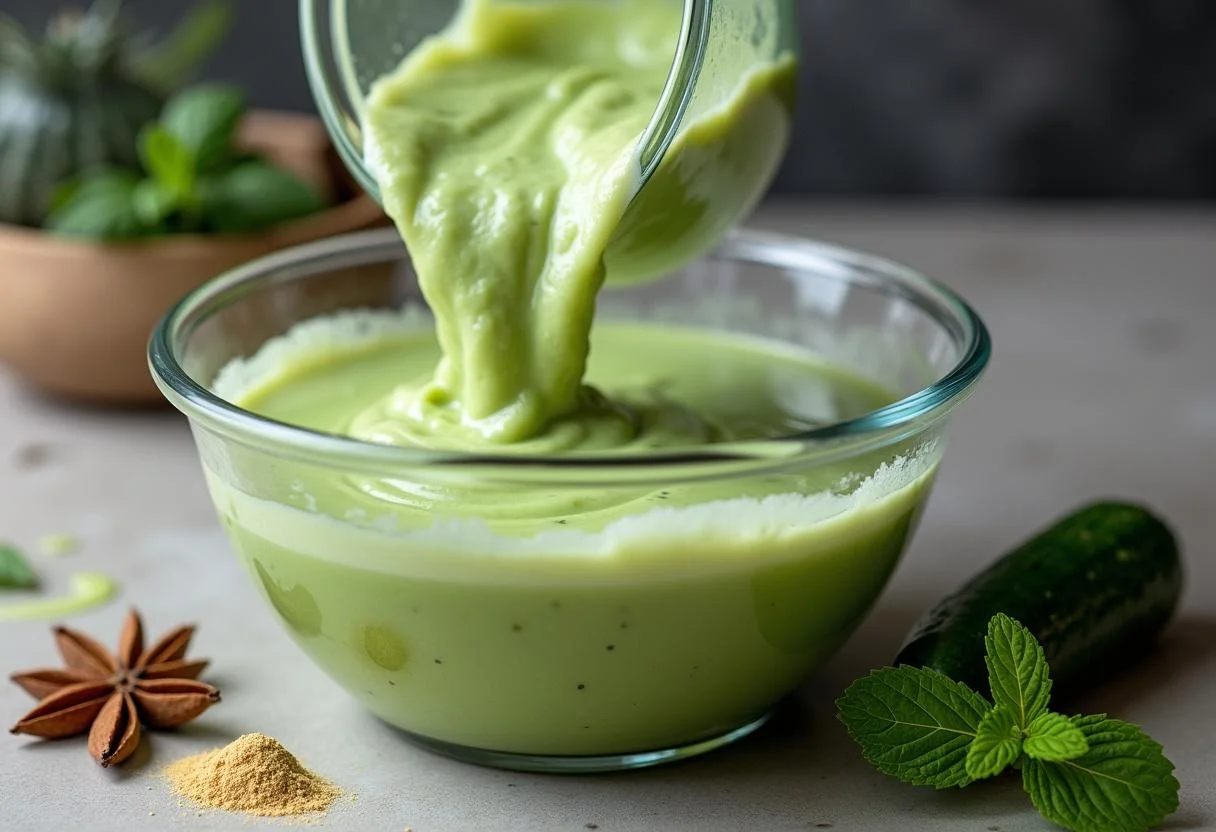 Verser la soupe glacée de concombre dans un bol, en ajoutant de la menthe pour rehausser la soupe froide concombre.