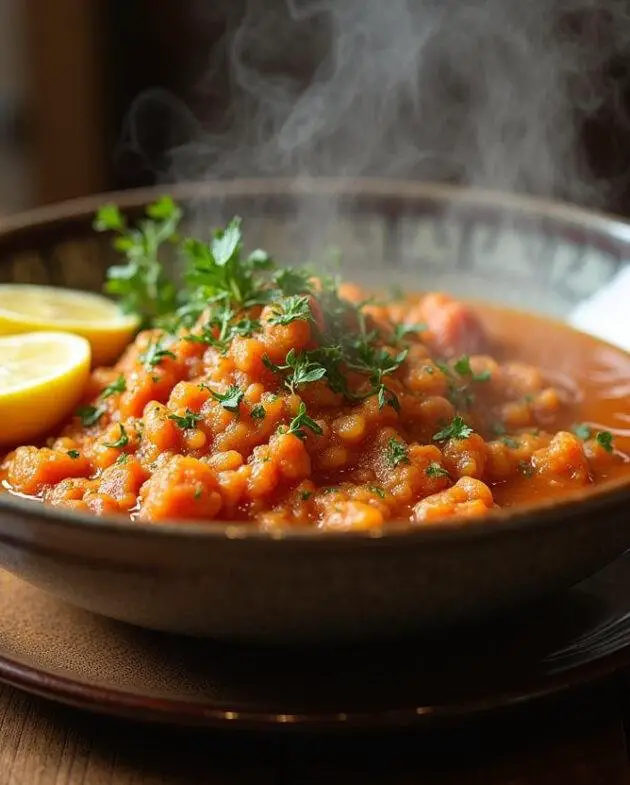 Soupe orientale aux pois chiche servie dans un bol avec des quartiers de citron et des herbes fraîches.