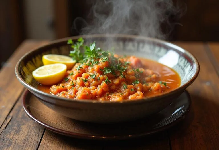 Soupe orientale aux pois chiche servie dans un bol avec des quartiers de citron et des herbes fraĂźches.
