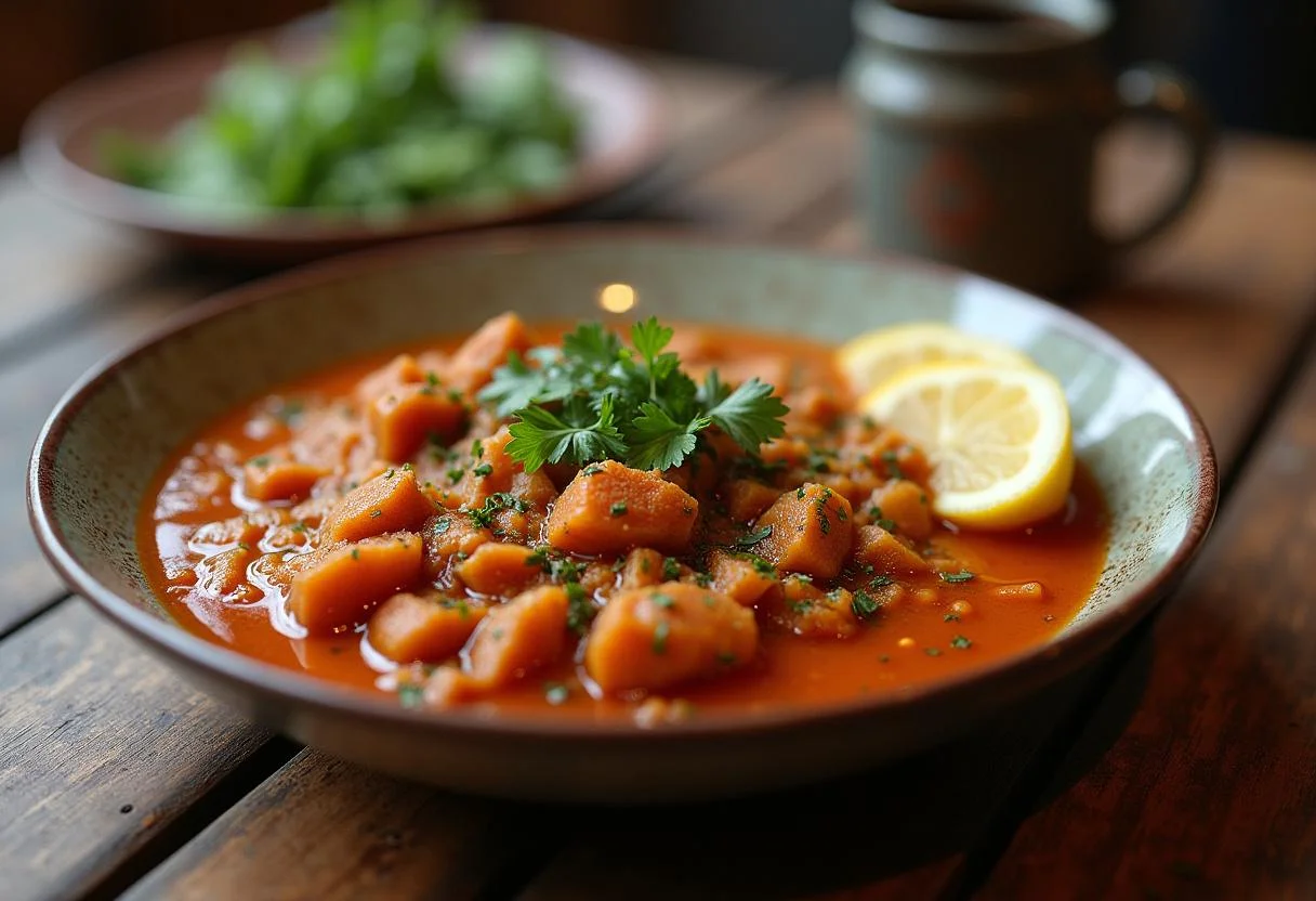 Soupe orientale aux pois chiche servie dans un bol avec des quartiers de citron et des herbes fraĂźches.