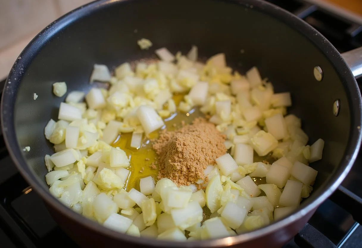 Préparation de la soupe de pois chiche avec des oignons, de l'ail et du gingembre sautés dans l'huile d'olive.