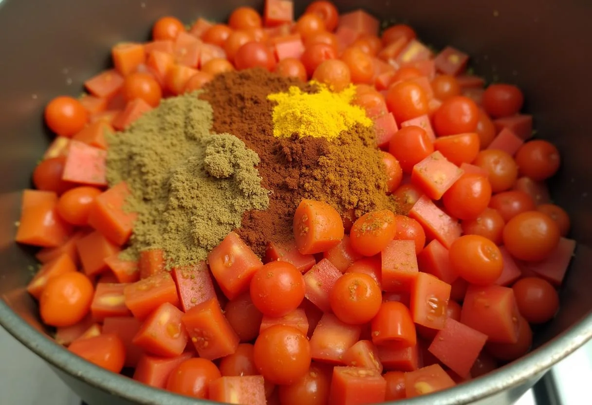 Ajout de tomates et d'épices à la soupe orientale aux pois chiche pour une explosion de saveurs.