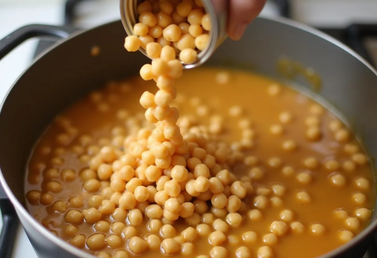 Incorporation de pois chiche en conserve et de bouillon de légumes dans la recette de la soupe orientale.
